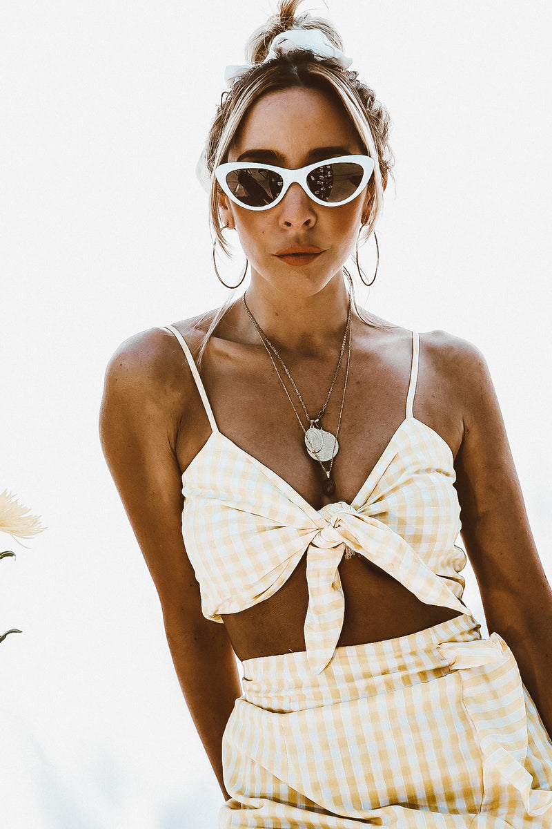 Gingham Crop Top with Tie - Yellow