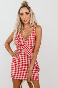 Gingham Mini Dress with Ruffle - Red