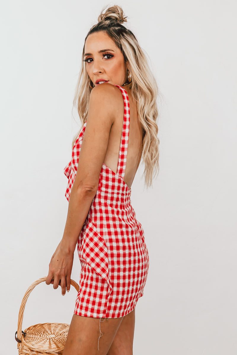 Gingham Mini Dress with Ruffle - Red