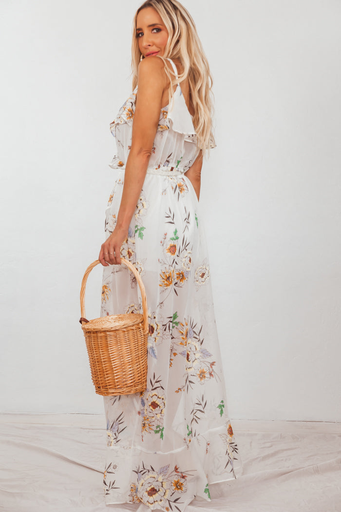 Floral Wrap Maxi Dress with Ruffle - Ivory