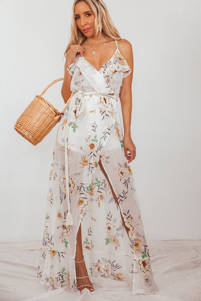 floral frill detail wrap maxi dress VILA Curve textured wrap maxi dress with ruffle detail in rose floral print