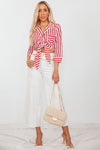 Front-Tie Collar Striped Blouse