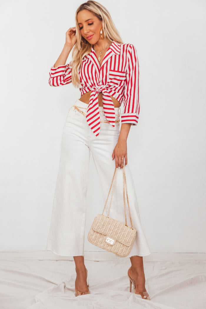 Front-Tie Collar Striped Blouse