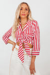 Front-Tie Collar Striped Blouse