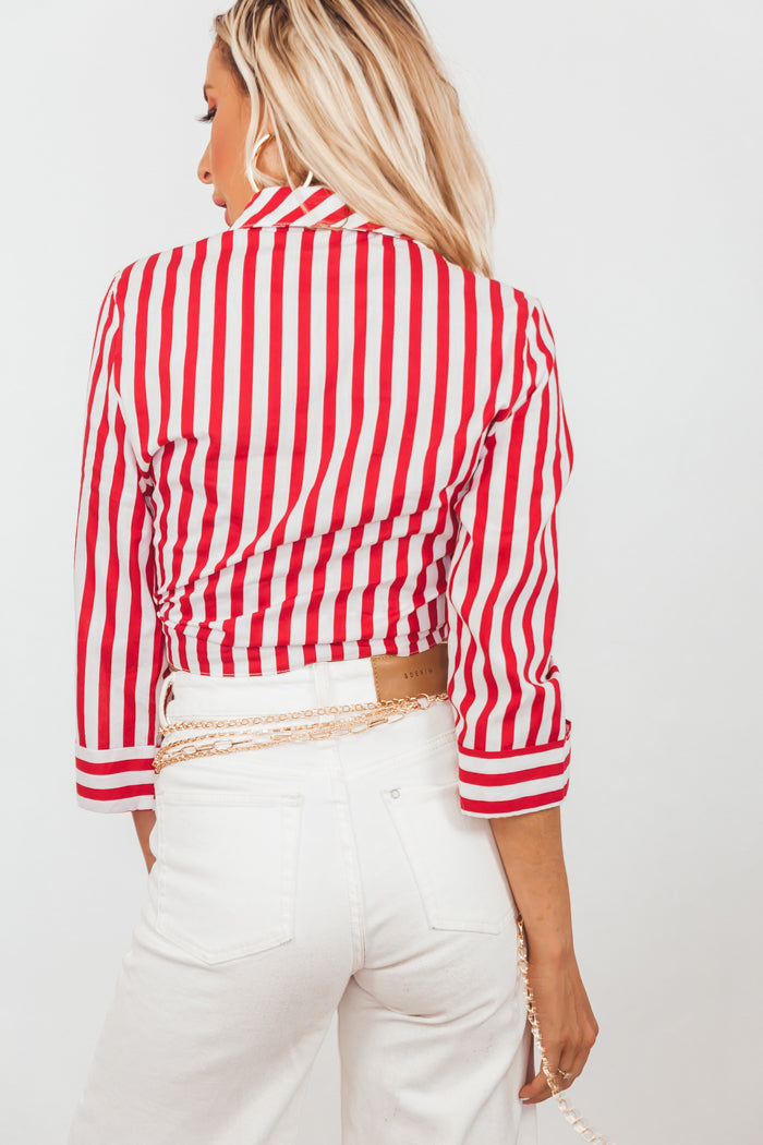 Front-Tie Collar Striped Blouse
