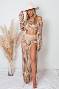 Crochet Top and Skirt Set - Tan