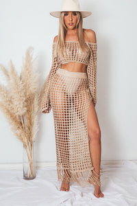 Crochet Top and Skirt Set - Tan