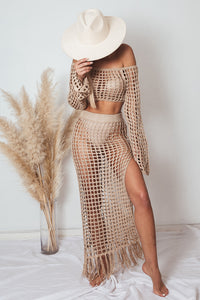 Crochet Top and Skirt Set - Tan