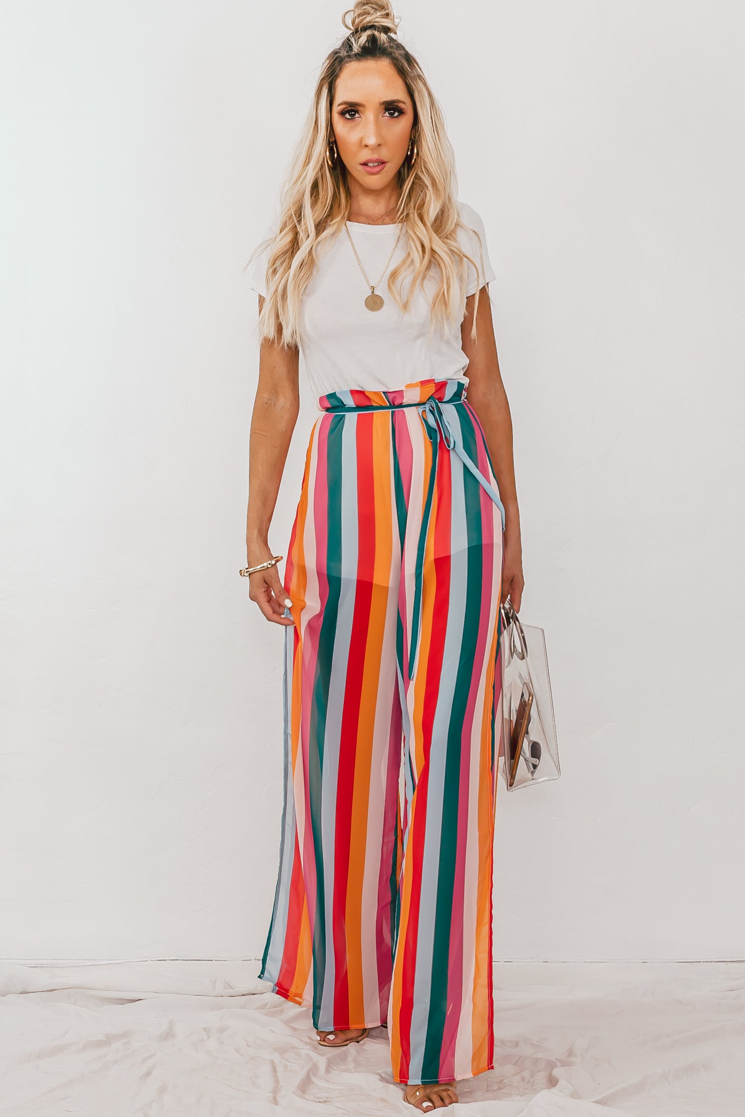 Multi Color Stripe Pants with Side Slits
