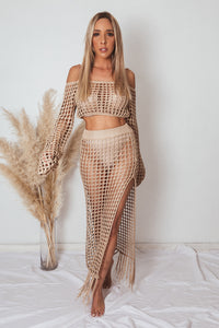 Crochet Top and Skirt Set - Tan