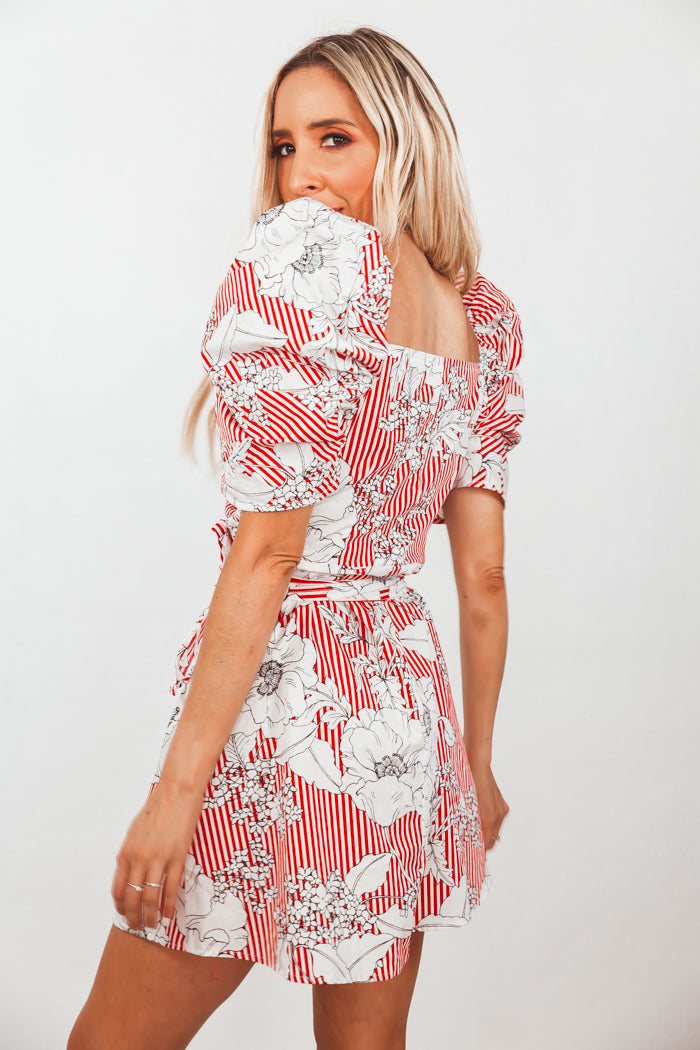 Floral Striped Wrap Tie Dress