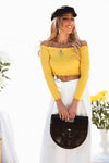 Off-Shoulder Ribbed Crop Top - Mustard