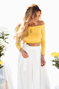 Off-Shoulder Ribbed Crop Top - Mustard