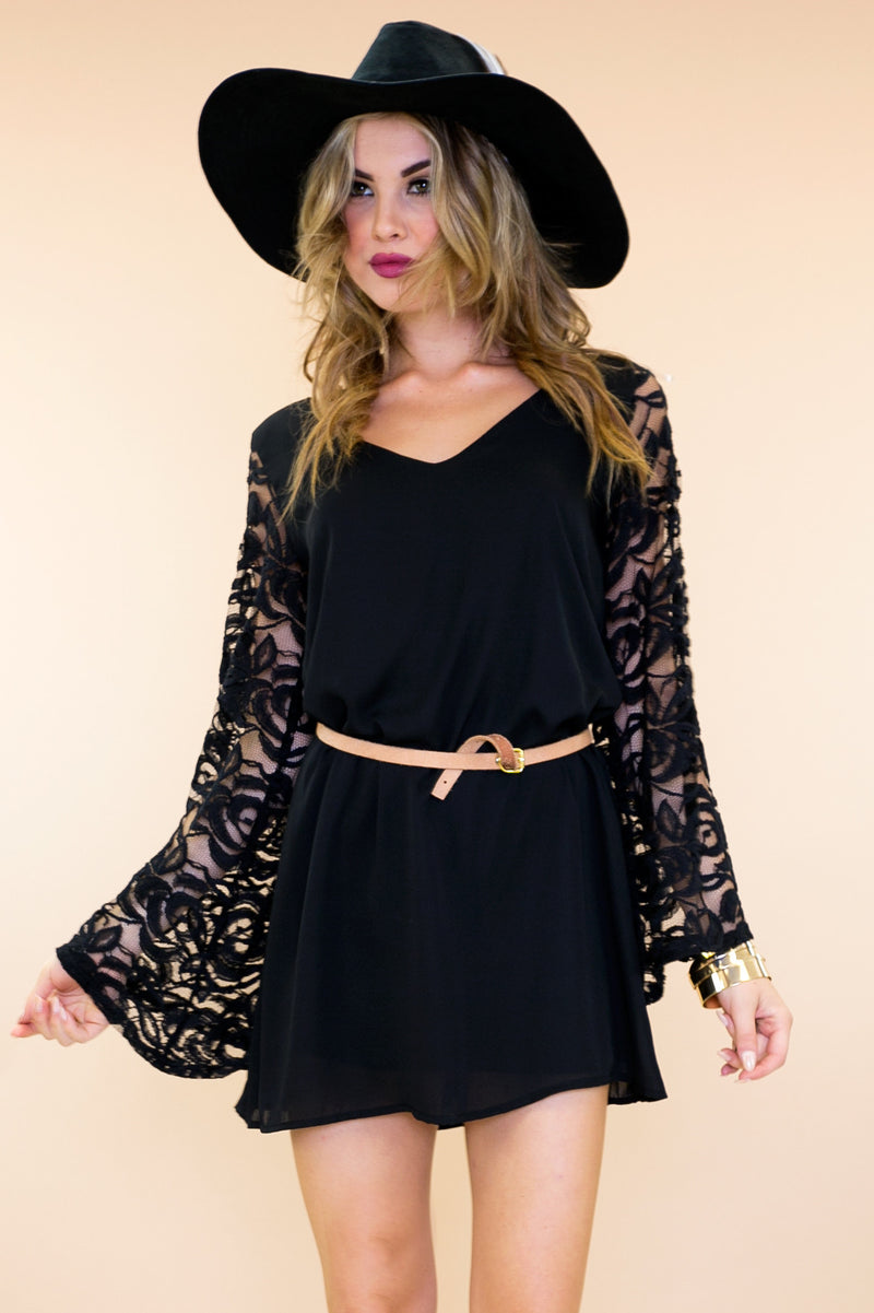 Willow Lace Bell Sleeve Dress - Black - L / Black / 02480 Willow Lace Bell Sleeve Dress - Black - L / Black / 02480