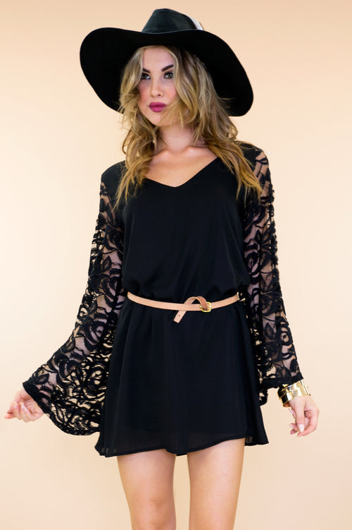Willow Lace Bell Sleeve Dress - Black - Haute & Rebellious