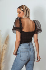 Mesh Puff Sleeve Ruched Top - Black