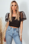 Mesh Puff Sleeve Ruched Top - Black