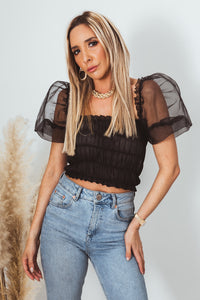 Mesh Puff Sleeve Ruched Top - Black