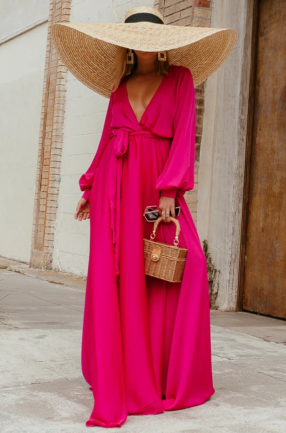 Deep-V Satin Maxi Dress - Fuchsia