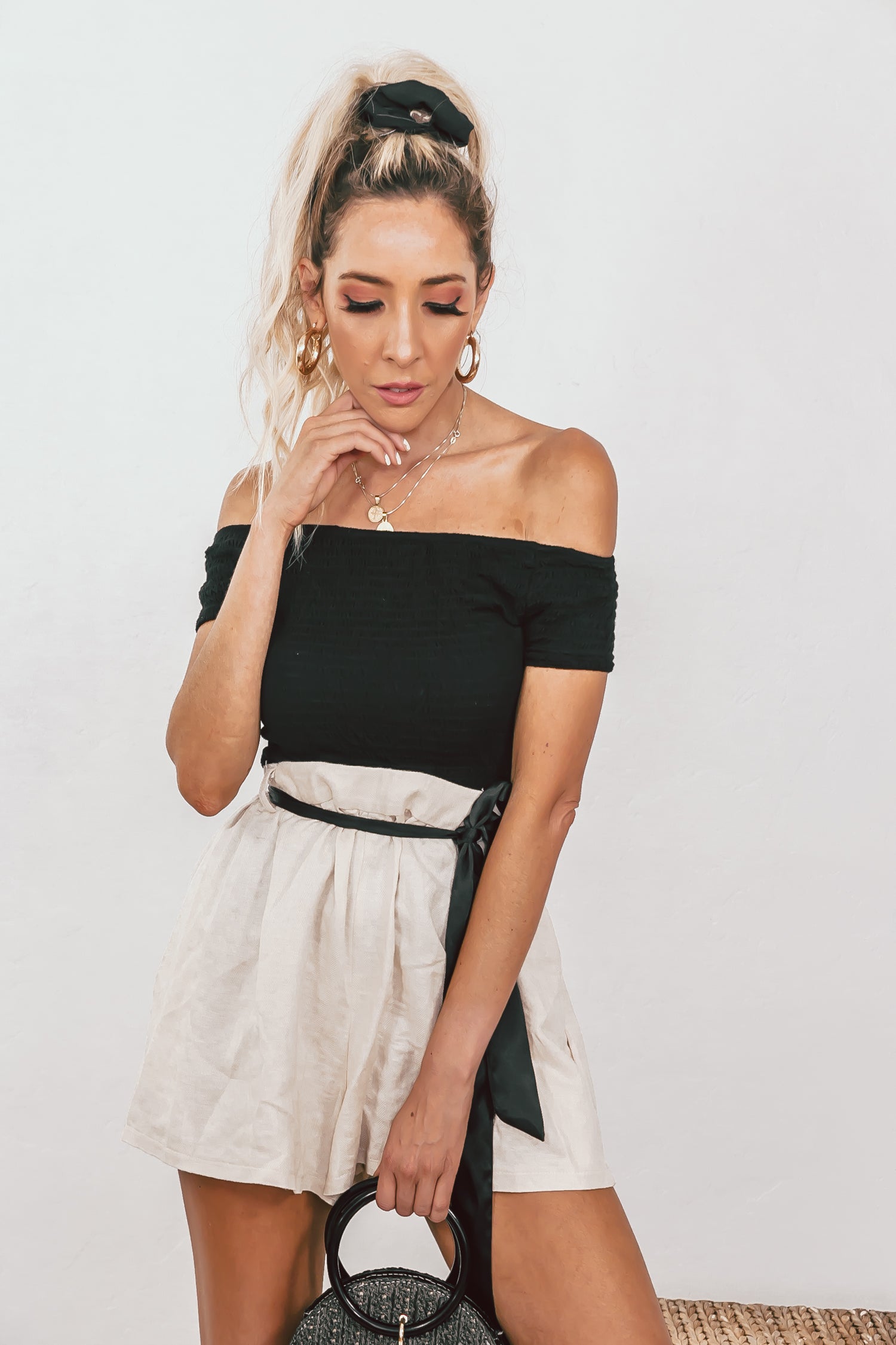 black smocked off the shoulder top