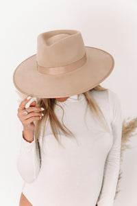 Suede Flat Brim Hat with Trim - Beige
