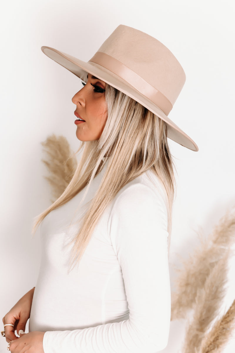 Suede Flat Brim Hat with Trim - Beige