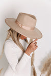 Suede Flat Brim Hat with Trim - Beige