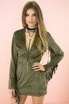 Dara Suede Fringe Dress - Olive - Haute & Rebellious