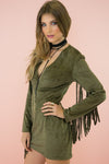 Dara Suede Fringe Dress - Olive - Haute & Rebellious