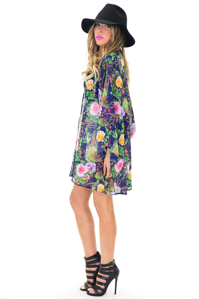 AIDA FLORAL PRINT CHIFFON KIMONO - Navy - Haute & Rebellious