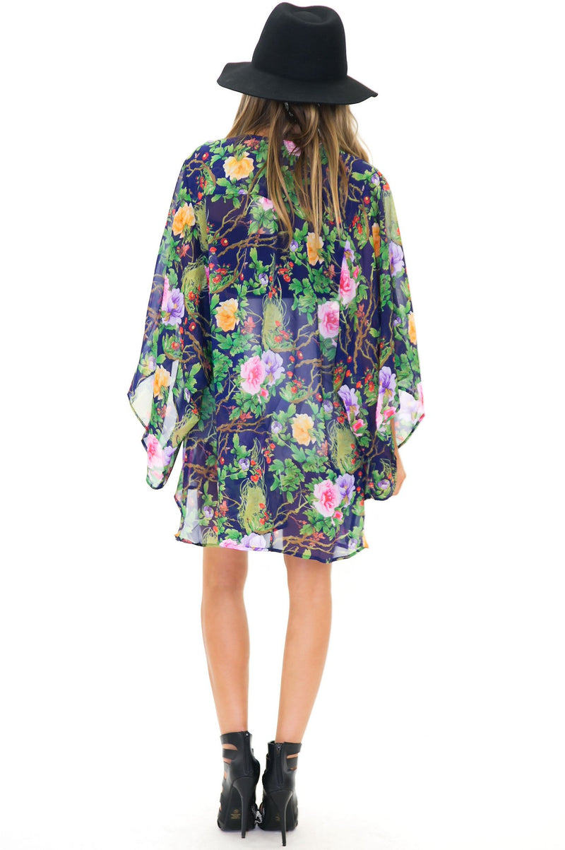 AIDA FLORAL PRINT CHIFFON KIMONO - Navy - Haute & Rebellious
