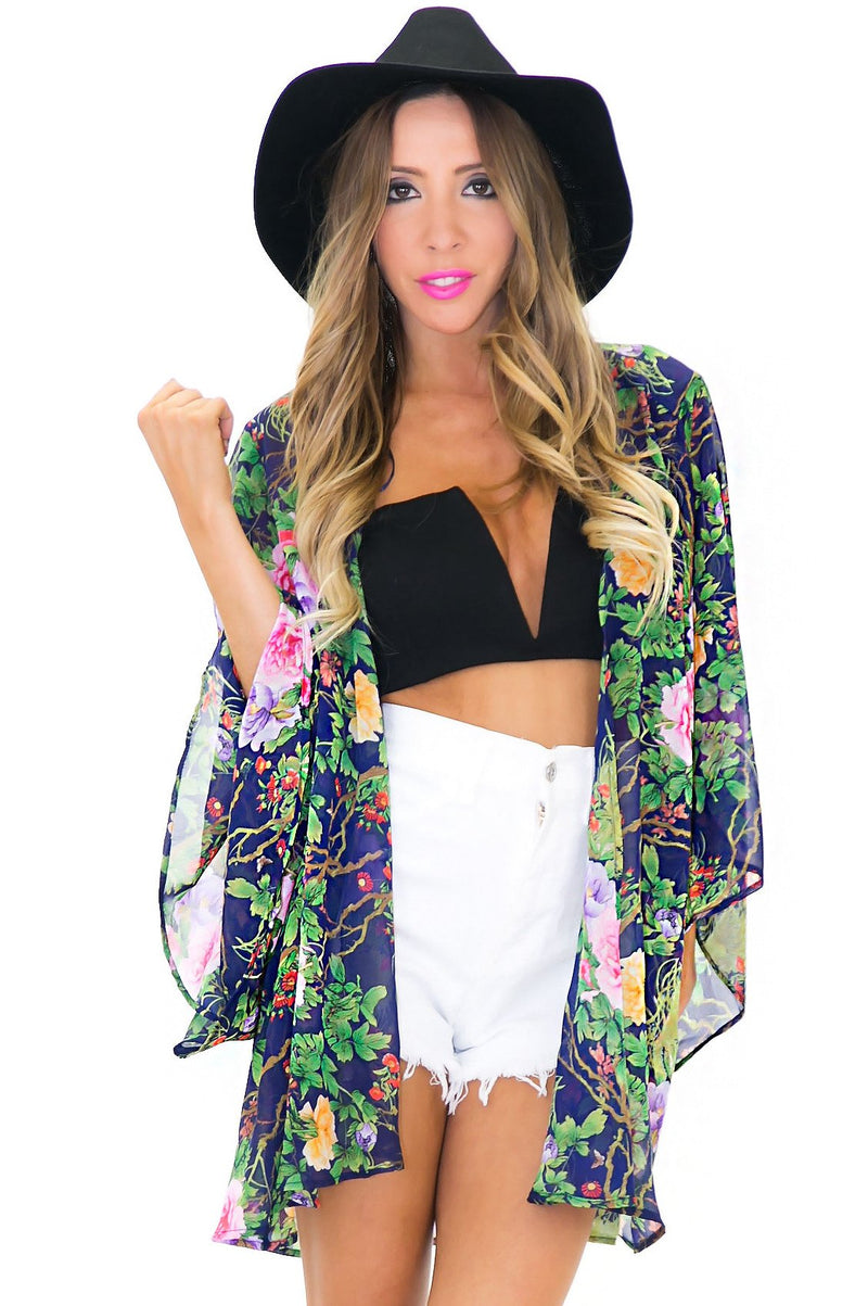AIDA FLORAL PRINT CHIFFON KIMONO - Navy - Haute & Rebellious