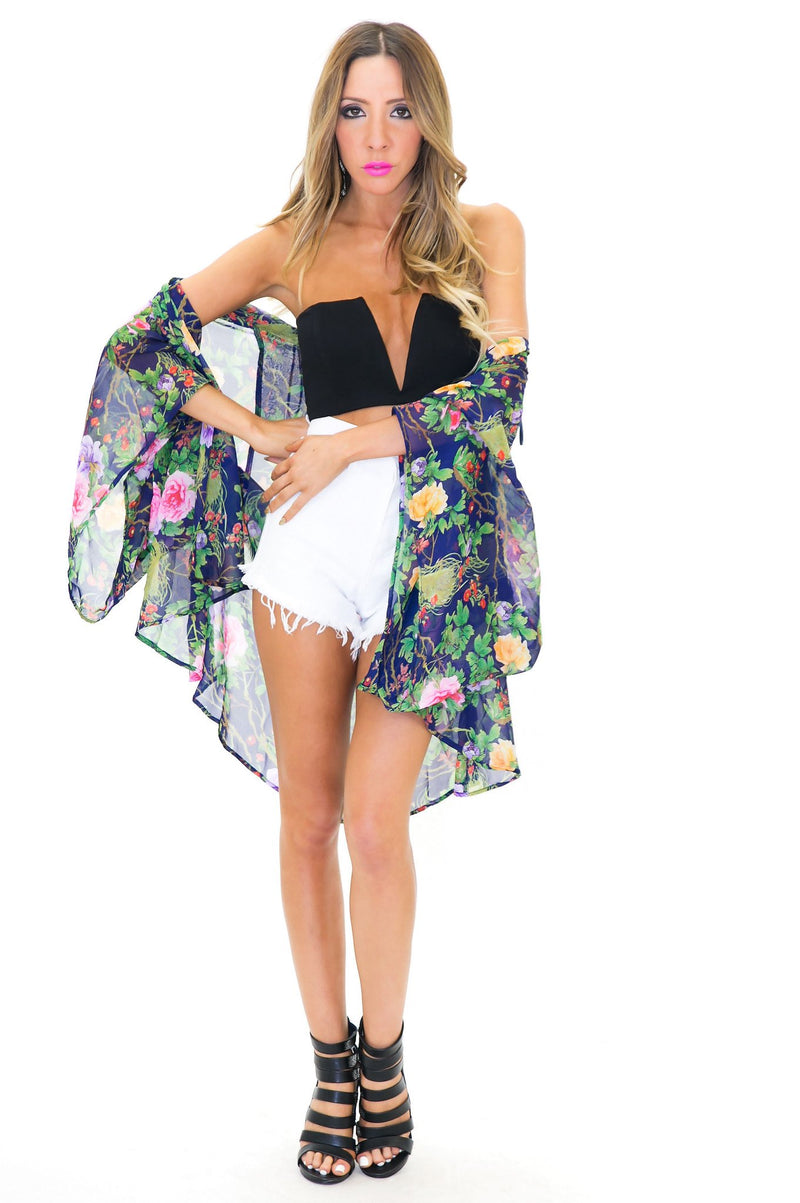 AIDA FLORAL PRINT CHIFFON KIMONO - Navy - Haute & Rebellious
