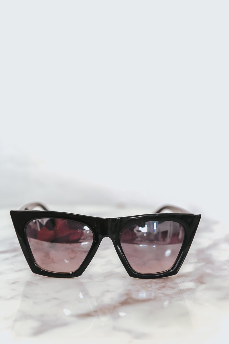 Reflective Square Cat Eye Sunglasses - Black