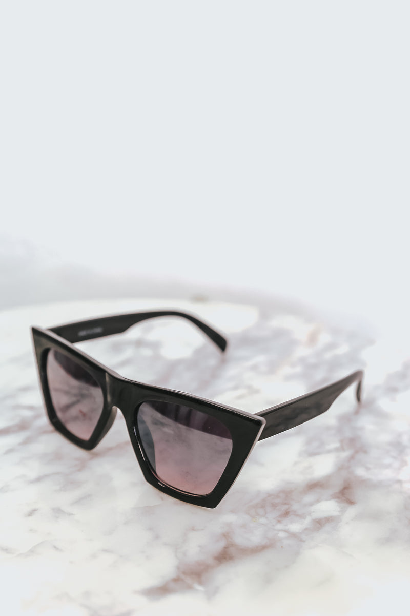 Reflective Square Cat Eye Sunglasses - Black