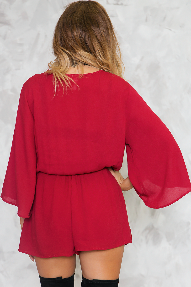 Isabella Plunging Wrap Romper - Red - Haute & Rebellious