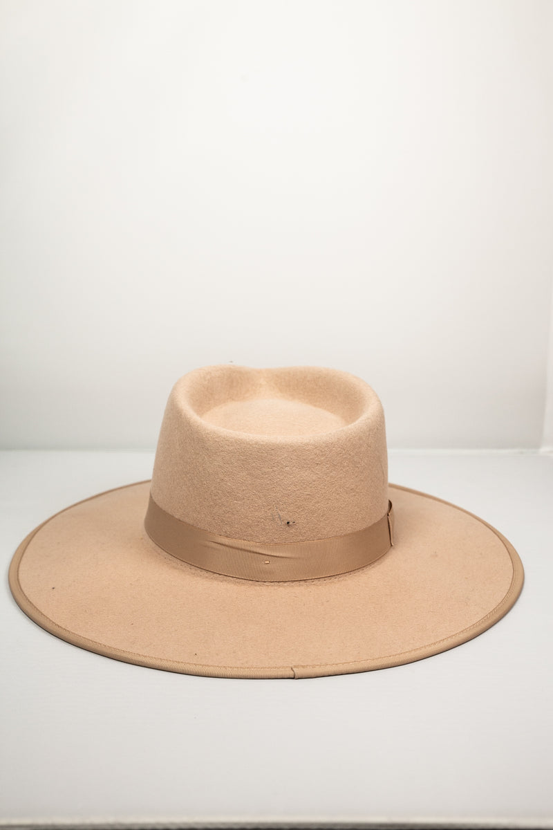 Suede Flat Brim Hat with Trim - Beige