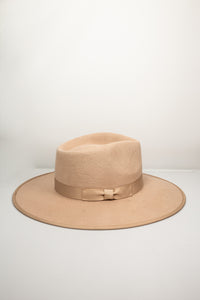 Suede Flat Brim Hat with Trim - Beige