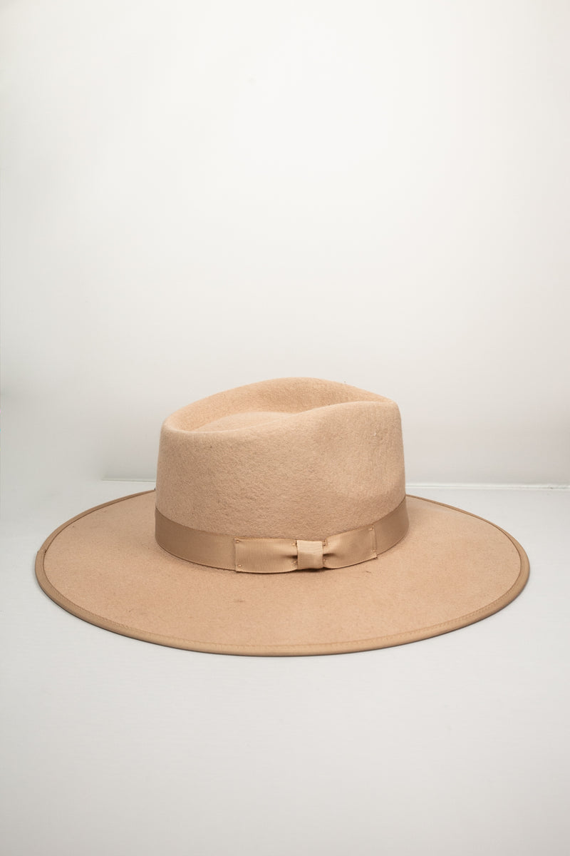 Suede Flat Brim Hat with Trim - Beige