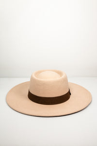 Suede Flat Brim Hat with Brown Trim - Beige