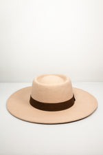 Suede Flat Brim Hat with Brown Trim - Beige