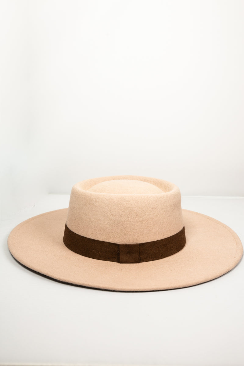 Suede Flat Brim Hat with Brown Trim - Beige