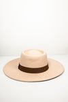 Suede Flat Brim Hat with Brown Trim - Beige