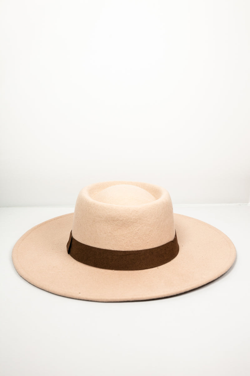 Suede Flat Brim Hat with Brown Trim - Beige