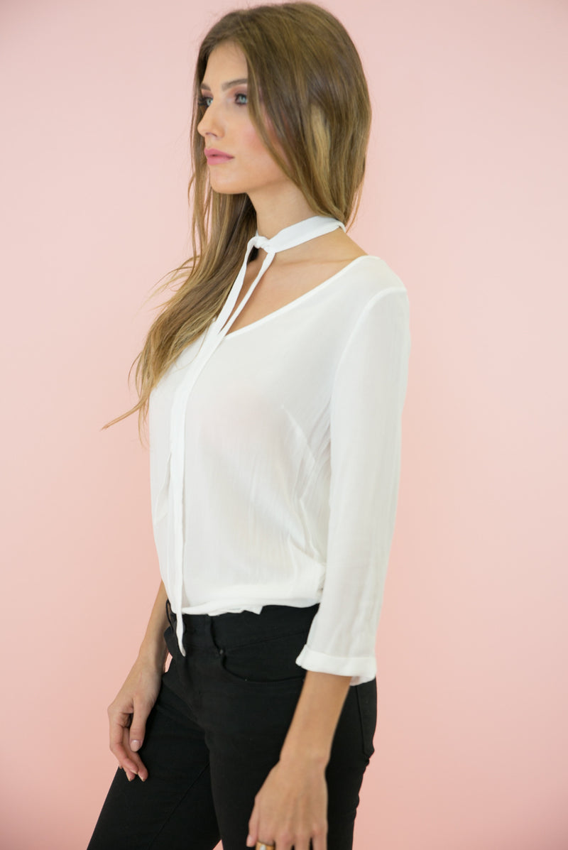 The Neck Tie Blouse - White - Haute & Rebellious