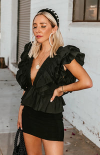 Deep-V Layered Ruffle Top - Black
