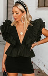Deep-V Layered Ruffle Top - Black