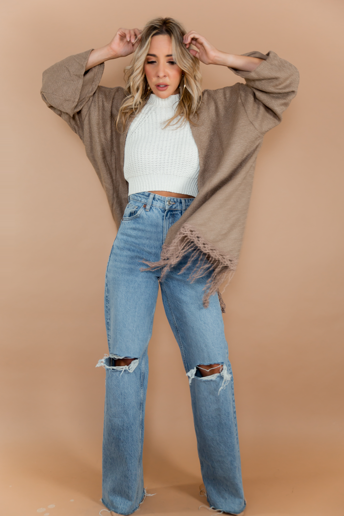 Fringe Poncho Sweater - Beige