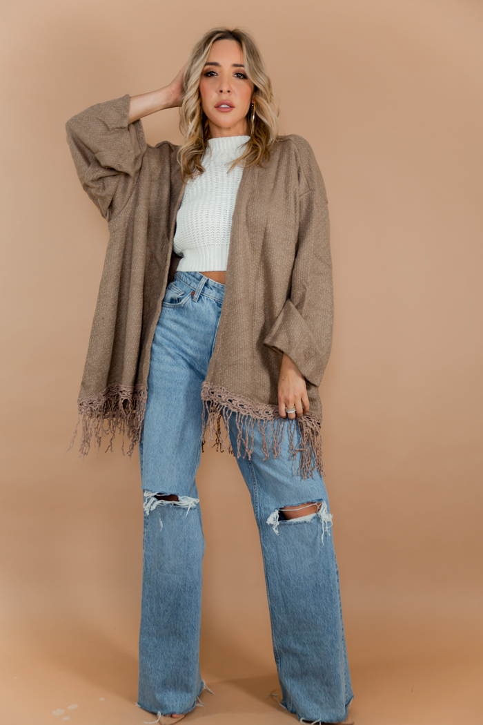 Fringe Poncho Sweater - Beige