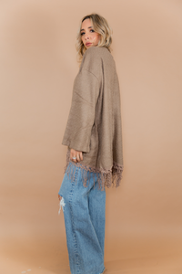 Fringe Poncho Sweater - Beige